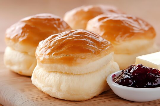 Fresh baked golden brioche buns served on wooden board with berry jam in small white bowl, close up view of soft fluffy pastries with glossy tops.