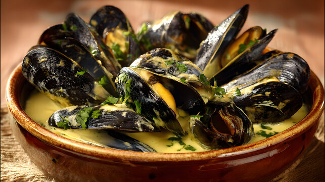 Fresh Mouclade Charentaise Dish Featuring Cooked Mussels in Creamy Sauce with Herbs and Spices