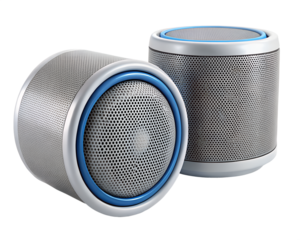 Two portable wireless speakers with blue trim and metal grill isolated on transparent background