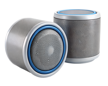 Two portable wireless speakers with blue trim and metal grill isolated on transparent background