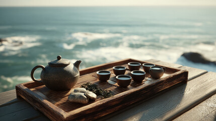 Minimalist tea ceremony set overlooking the ocean, evoking balance and serenity through natural elements and harmonious composition