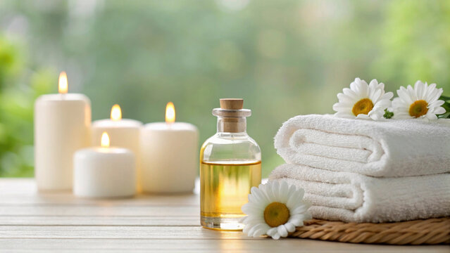 Chamomile oil is displayed prominently beside neatly folded towels and lit candles, set in a peaceful environment. This composition highlights the calming and therapeutic benefits of the oil