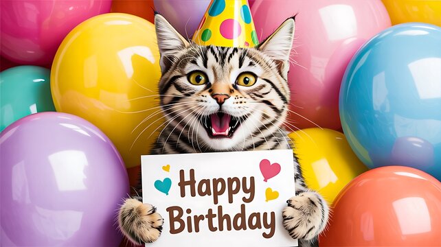 Cute tabby cat wearing party hat holding happy birthday sign with colorful balloons