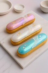Obraz premium Iridescent Eclair Trio – Opal, Moonstone & Aquamarine Pastry Art