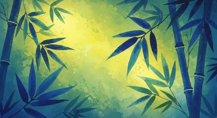 Abstract watercolor painting of blue bamboo leaves and stalks with a vibrant yellow and green textured background, evoking a sense of peace and nature