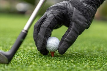 A golfer's hand in a black glove, positioned over a golf ball on a tee, on a manicured green