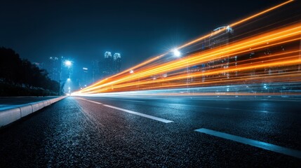 The dynamic cityscape showcasing vibrant light trails on a bustling road at night.