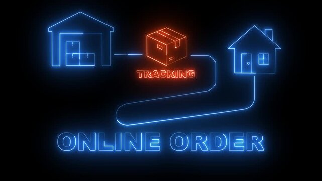 glowing neon online Delivery tracking icon animation. neon Online order tracking process from warehouse to home delivery. Concept of transparent logistics journey for digital shoppers.