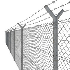 A long metal chain link fence with barbed wire on top provides security and protection for a private property isolated on transparent background