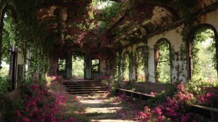Naklejka premium Overgrown Beauty in Abandoned Train Station Embraced by Lush Wildflowers and Vibrant Flora