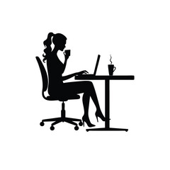Woman silhouette working on laptop drinking coffee
