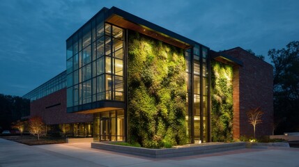 Obraz premium Modern Advanced Biotech Center with Green Walls and Solar Features in an Urban Environment at Dusk
