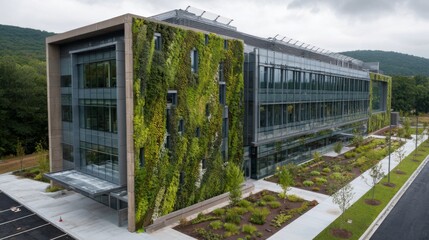 Obraz premium Modern Advanced Biotech Center with Green Walls and Solar Features Surrounded by Nature