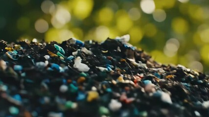 Colorful microplastics scattered on soil in a vibrant natural setting, highlighting environmental pollution