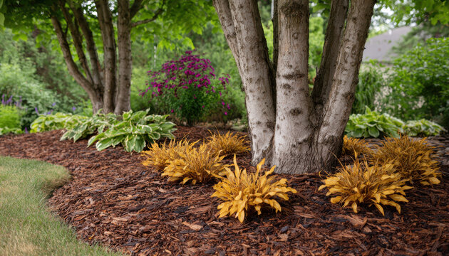 A tranquil garden features layered plants with bright golden foliage, green shrubs, and flowers around strong trees under soft sunlight