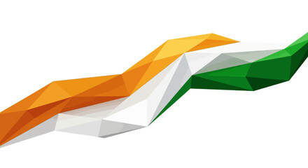 A dynamic and flowing tricolor ribbon in a modern low-poly style, featuring the national colors of India, saffron, white, and green on an isolated background.