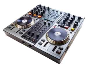 Dj controller with turntables and mixer for music production and performance isolated on transparent background