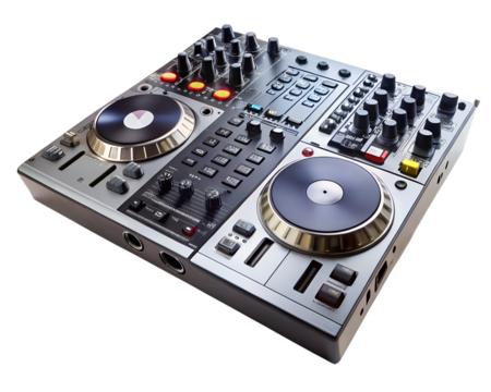 Dj controller with turntables and mixer for music production and performance isolated on transparent background