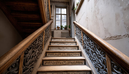 Obraz premium Beautifully crafted staircase with intricate railings invites visitors to ascend in a historic building filled with natural light