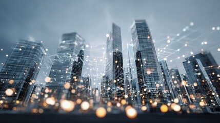 Futuristic Cityscape with Abstract Data Network Overlay, Illustrating Connectivity, Technology, and Modern Urban Development