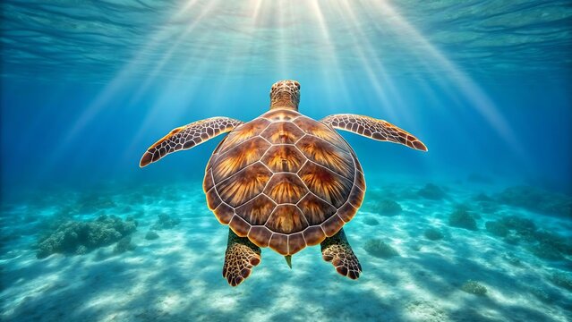 Majestic Sea Turtle Swimming Gracefully in Tropical Waters with Sun Rays Piercing the Surface offering a Glimpse into Marine Life