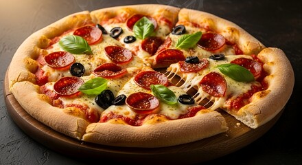 Delicious Pepperoni Pizza with Basil and Olives on Wooden Board