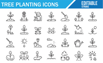 Set of vector icons representing tree planting, gardening, and earth sustainability.
