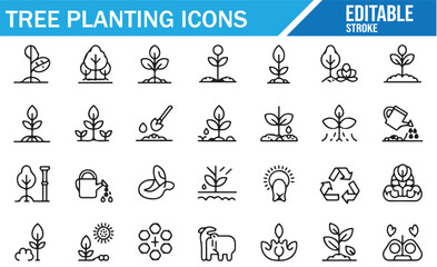 A collection of editable line icons representing tree planting, gardening, and nature. Includes elements like plants, watering, and soil preparation. Perfect for environmental designs and sustainabili