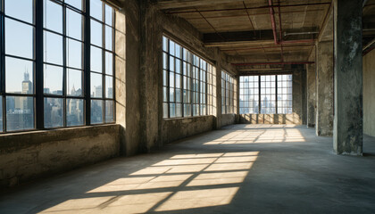 Sunlight streams through large windows in an expansive urban loft, highlighting the industrial architecture and vibrant city skyline beyond