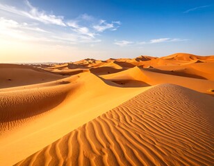 Expansive desert landscape under a vibrant sky; golden sand dunes ripple under a clear blue sky