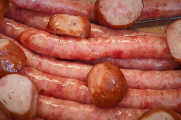 Close-up of sliced sausages showing texture and pan-fried color