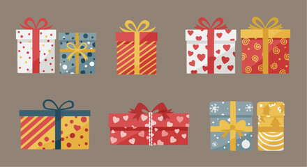 Colorful gift boxes with different patterns on neutral background  