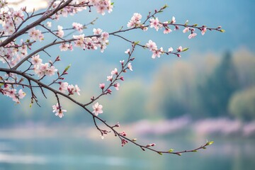 Blossoming Cherry Tree Branches Near Tranquil Lake in Spring Season