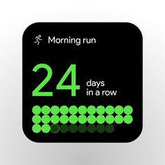 Daily run streak counter. Habit tracker interface with progress bar, steps goal and reward. Fitness or learning challenge milestone for mobile app. Health dashboard Dark UI. Vector illustration.