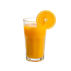 Refreshing orange juice in a tall glass with orange slice isolated on transparent background