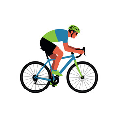 Obraz premium Cyclist in green blue jersey and helmet riding a blue bicycle cycling road bike