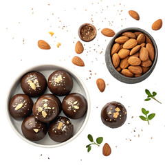 Fototapeta premium Gourmet chocolate truffles and almonds isolated on transparent background