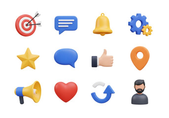Fototapeta premium Collection of 3d social media and interface icons including target, chat, star, like, location, bell, gear, heart, and reload, isolated on transparent background