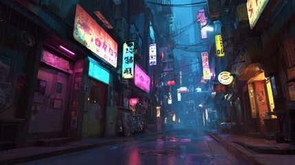 Futuristic Cyberpunk Alley at Night with Neon Lights and Rain, Holographic Billboards and Vibrant Colors