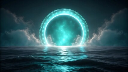Mystical Glowing Portal Over Waterway Fantasy Scene with Clouds and Reflection Creating a Magical and Enigmatic Atmosphere Perfect for Science Fiction