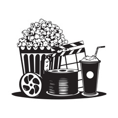 Vector art of movie night illustration with popcorn, drink, clapperboard and film reel isolated on white background