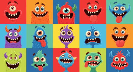 Cute and funny cartoon monster faces, each with different shapes, colors and expressions in 2D vector illustrations, similar to children's cartoon characters.
