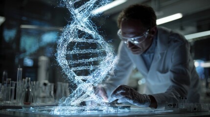 Doctor Using Holographic DNA Model to Diagnose Patient in Advanced Medical Laboratory Setting
