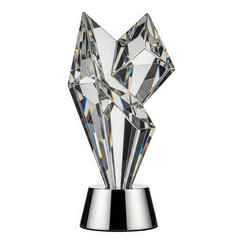 Obraz premium Elegant crystal sculpture on a silver pedestal showcasing modern geometric design and brilliant reflections isolated on transparent background