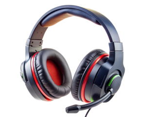 Black and red gaming headset with microphone isolated on transparent background