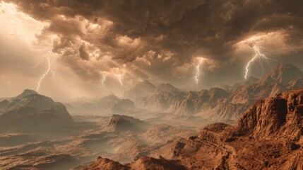 Dramatic Storm Over Futuristic Desert Canyon with Lightning Strikes and Vast Landscape