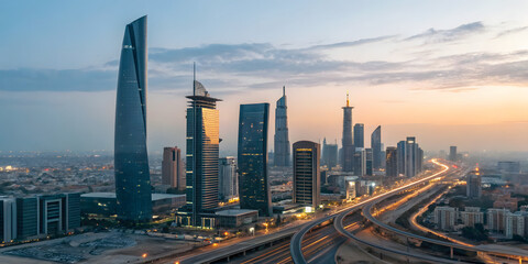 Fototapeta premium Riyadh skyline at night with illuminated highways