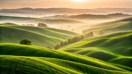 Rolling Green Hills of Tuscany Italy at Sunrise a Peaceful Landscape with Foggy Mountain Backdrop and Vibrant Colors in the Italian Countryside