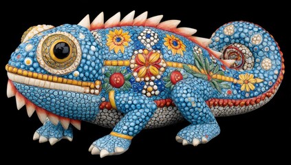 Obraz premium Detailed mosaic chameleon figurine. Vibrant blue, decorated with colorful flowers, and studded with small, decorative elements