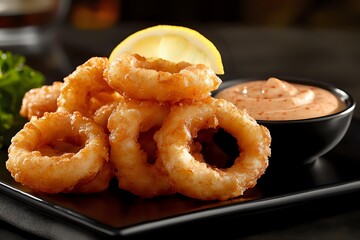 Crispy golden onion rings served on black plate with creamy dipping sauce and fresh lemon wedge, close up view of appetizing fried snack food.
